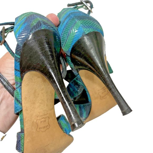 Stuart Weitzman Blue Green Purple High Heel Sandals Size 9 Ankle Strap Buckles - Picture 8 of 13